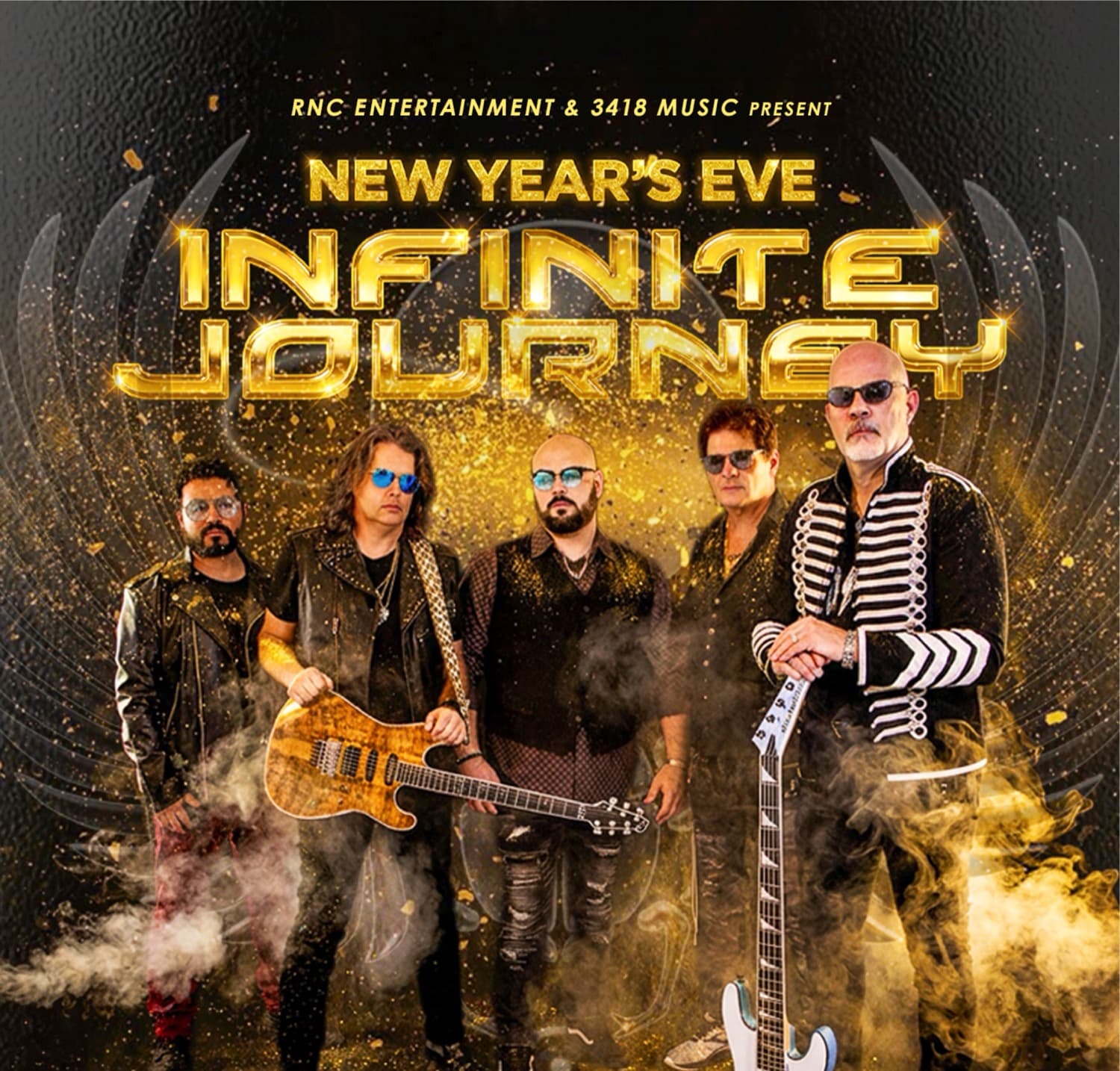 New Year's Eve poster for Infinite Journey, the five-piece band in gold light